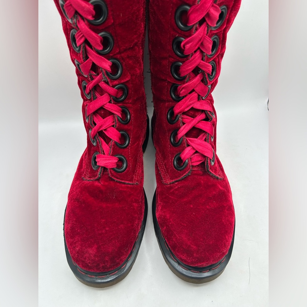 RARE Dr Martens red velvet  20 eye tall knee high zip Combat boots Men10 Women11 - Picture 7 of 16
